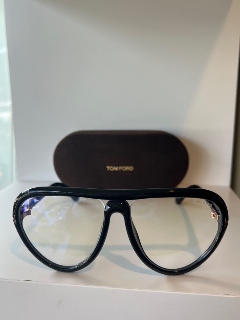 Tom Ford Black Aviator Sunglasses with Brown Case